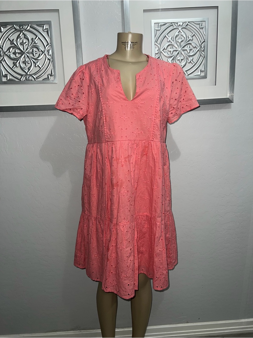 Knox Rose Coral Eyelet Tiered Notch-Neck Dress